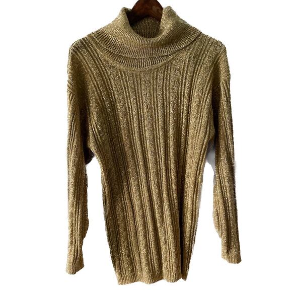 Vintage gold metallic sparkle ribbed knit turtleneck tunic sweater size medium M - Picture 1 of 7